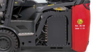 Detailní pohled na bezpečnostní mechanismy elektrických komponent elektrického vysokozdvižného vozíku s ochranou proti výbuchu E14 od společnosti Linde Material Handling