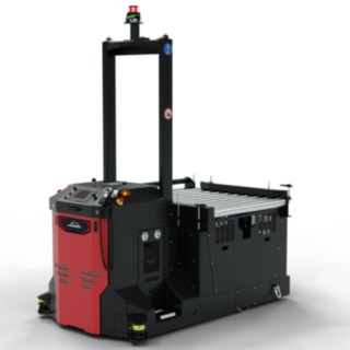 Přepravní vozík bez řidiče I-MATIC CT core od společnosti Linde Material Handling určený k vyzvedávání a přepravě zboží z dopravníkového systému.