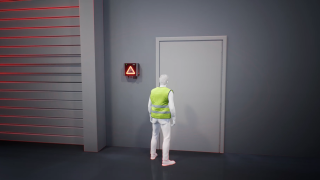 Linde Safety Guard varuje chodce, kteří chtějí projít dveřmi, před projíždějícími vozíky, a zabraňuje tak kolizím. Animované video o rizicích průchodu dveřmi pro chodce