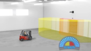 V případě jedněch vrat vytvoří modul „Circle“ kolem vrat kruhovou bezpečnostní zónu.  Linde Door Control Circle vytváří kolem vrat kruhovou bezpečnostní zónu