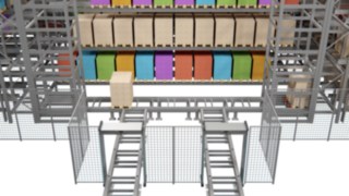 Dopravníkové pásy S-MATIC cube dopravují zboží určené k zaskladnění k výtahům. Zboží určené k zaskladnění se ukládá na dopravníkové pásy